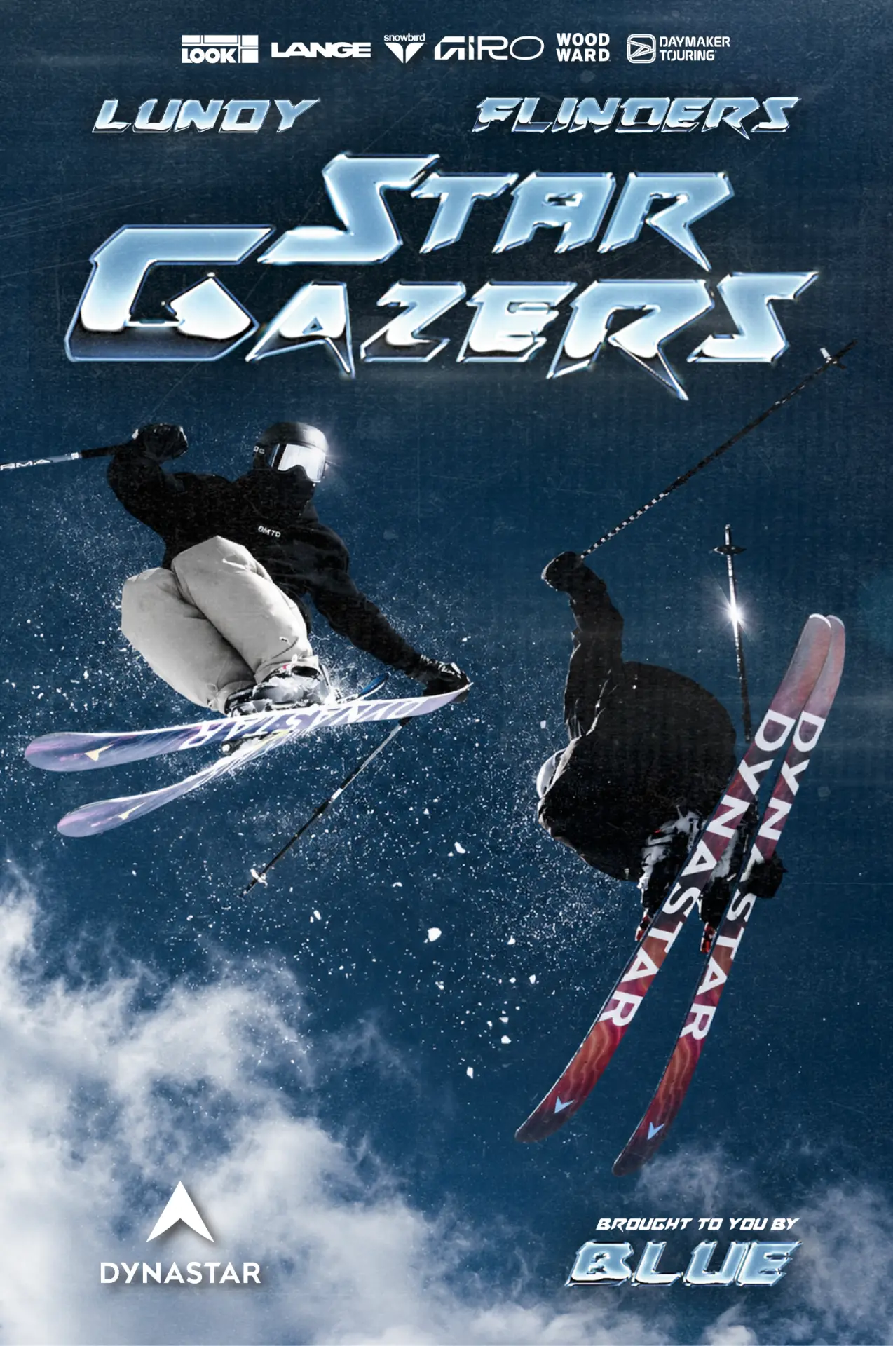 Star Gazers official film poster, chrome title above two skiers against a deep blue sky
